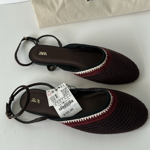Zara Women's Burgundy and White Braided Flats - Picture 12 of 17